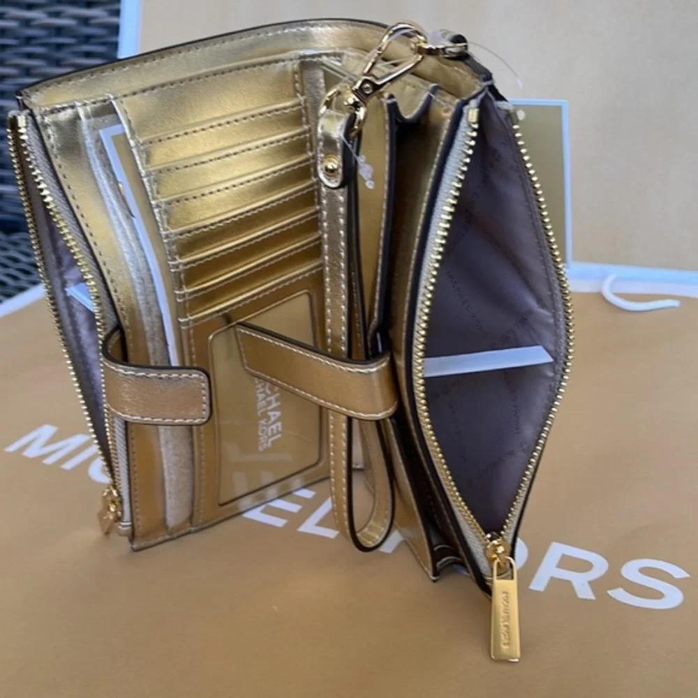Michael Kors Jet Set Travel Large Double Zip Wristlet Wallet Pale Gold